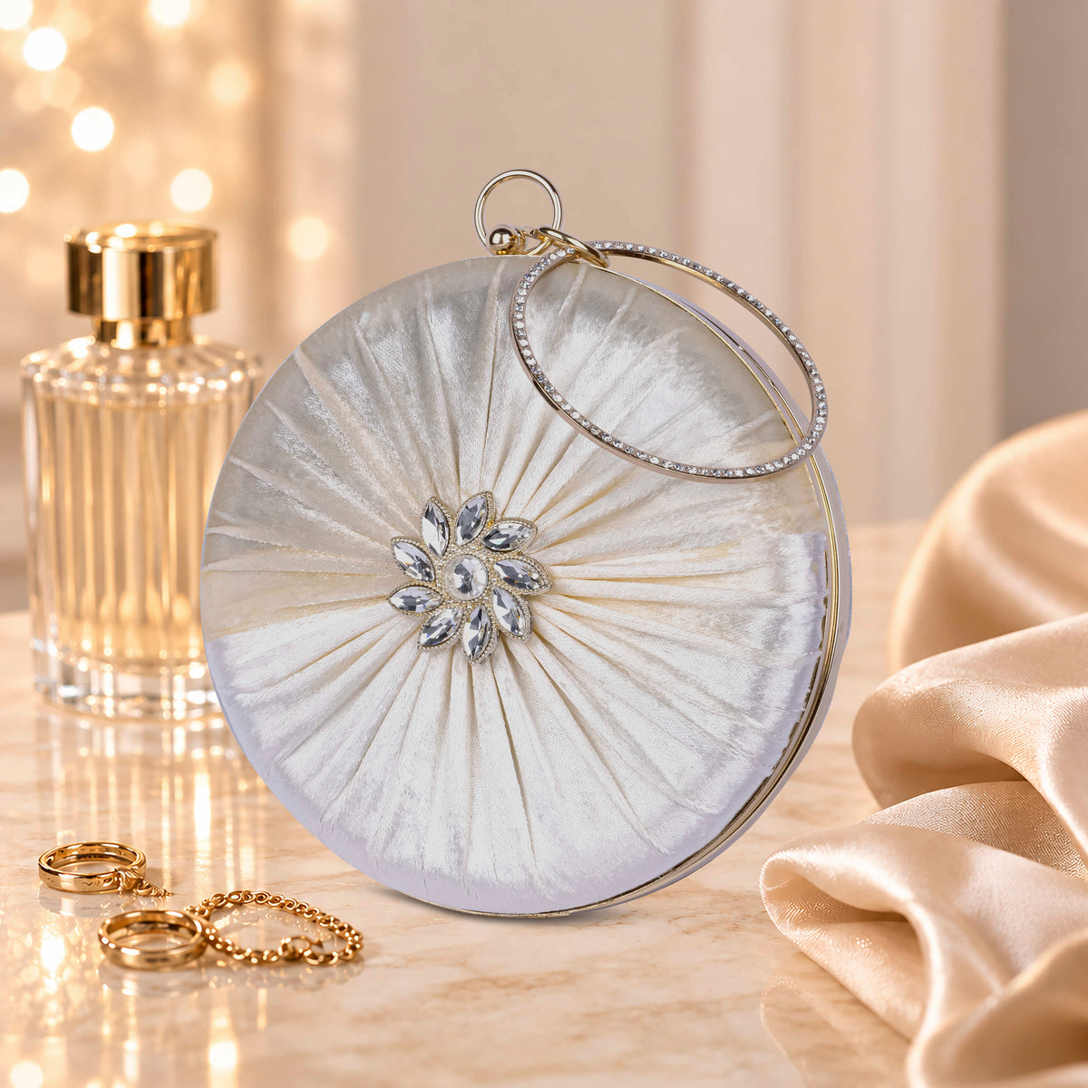 KarryQ White Pleated Rosette Velvet Clutch