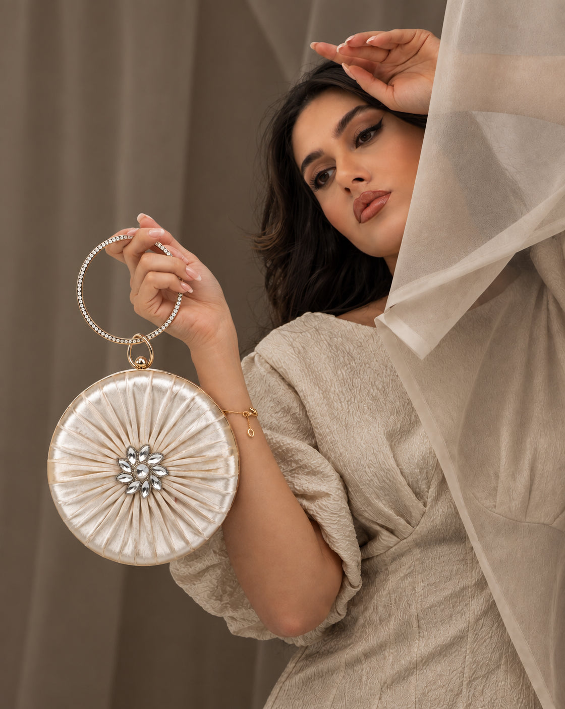 KarryQ White Pleated Rosette Velvet Clutch