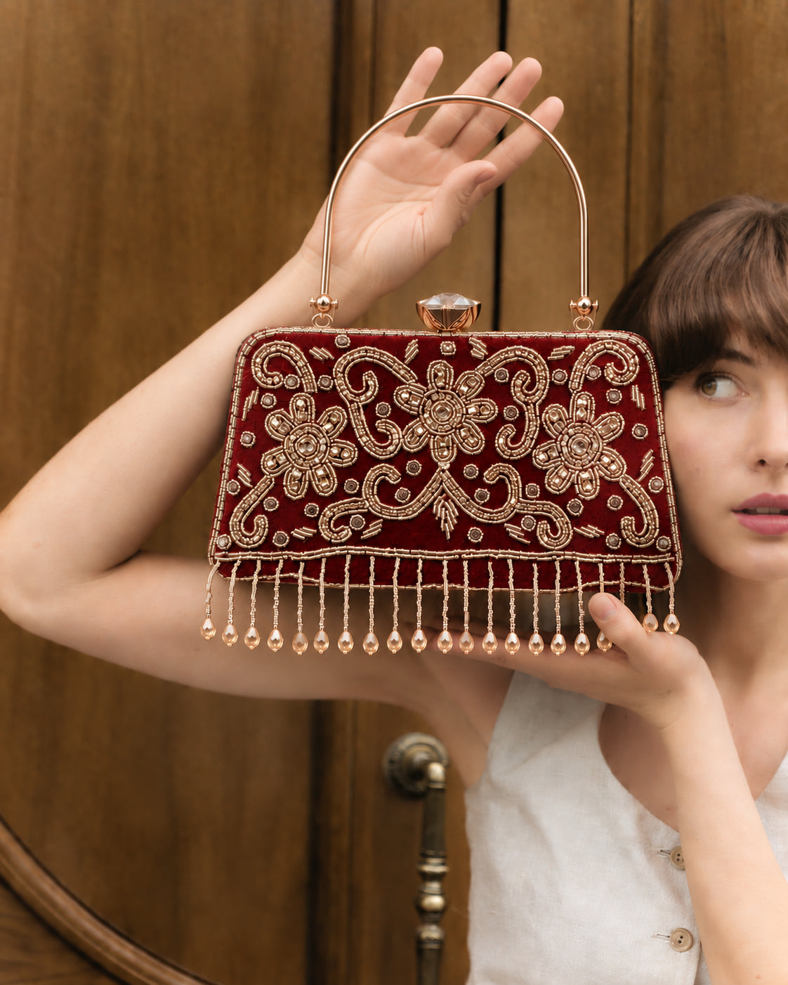 KarryQ Maroon Floral Scroll Velvet Clutch
