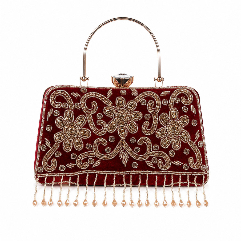 KarryQ Maroon Floral Scroll Velvet Clutch