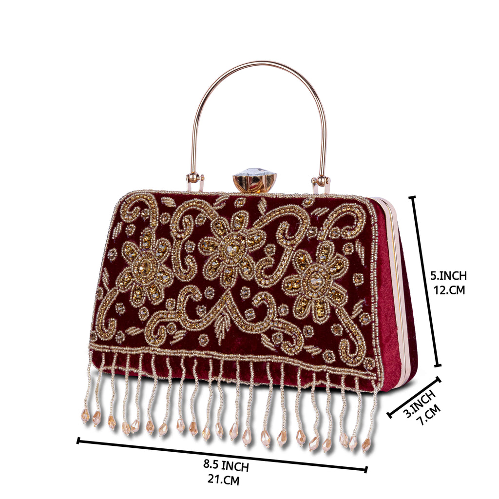 KarryQ Maroon Floral Scroll Velvet Clutch