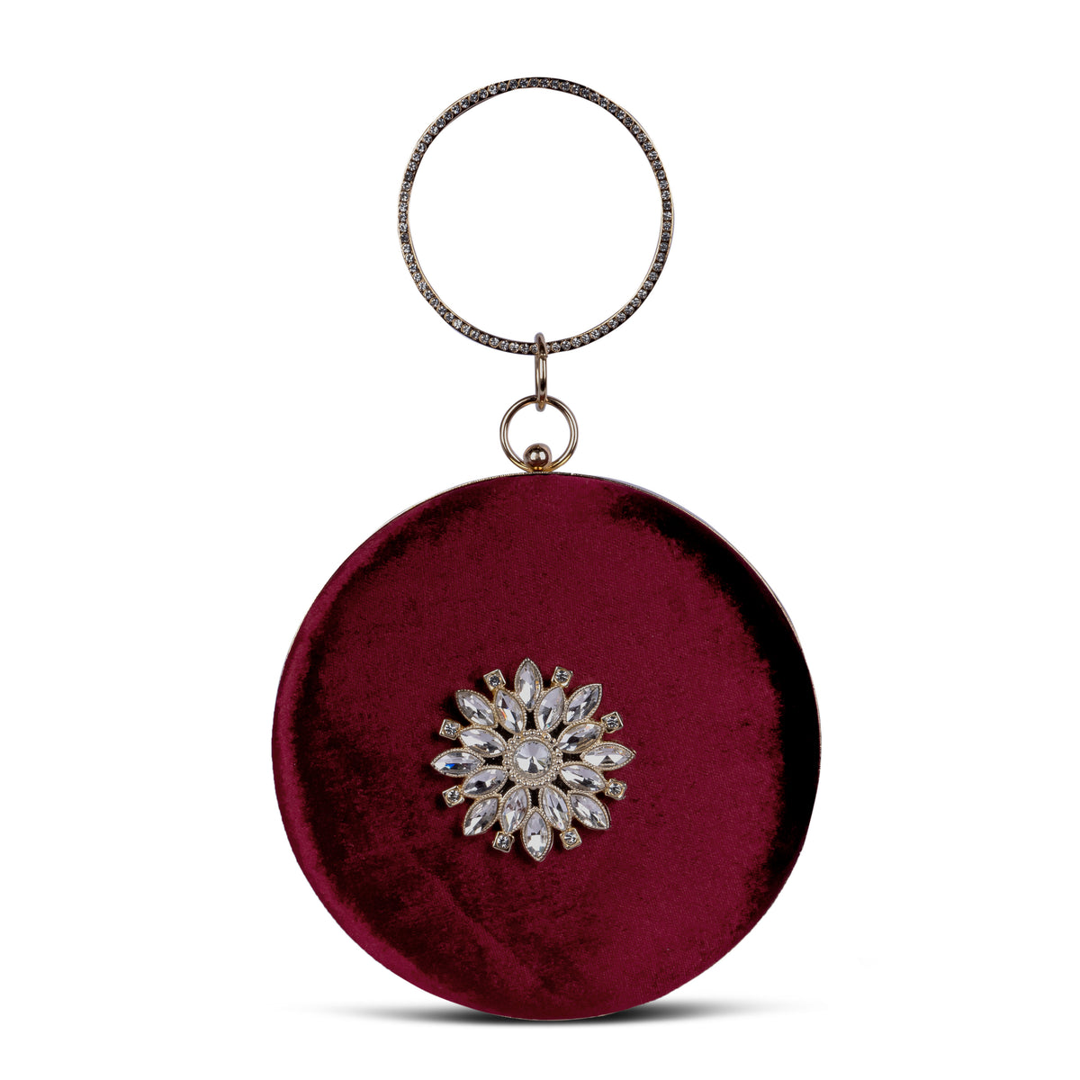 KarryQ Maroon Floral Brooch Velvet Clutch