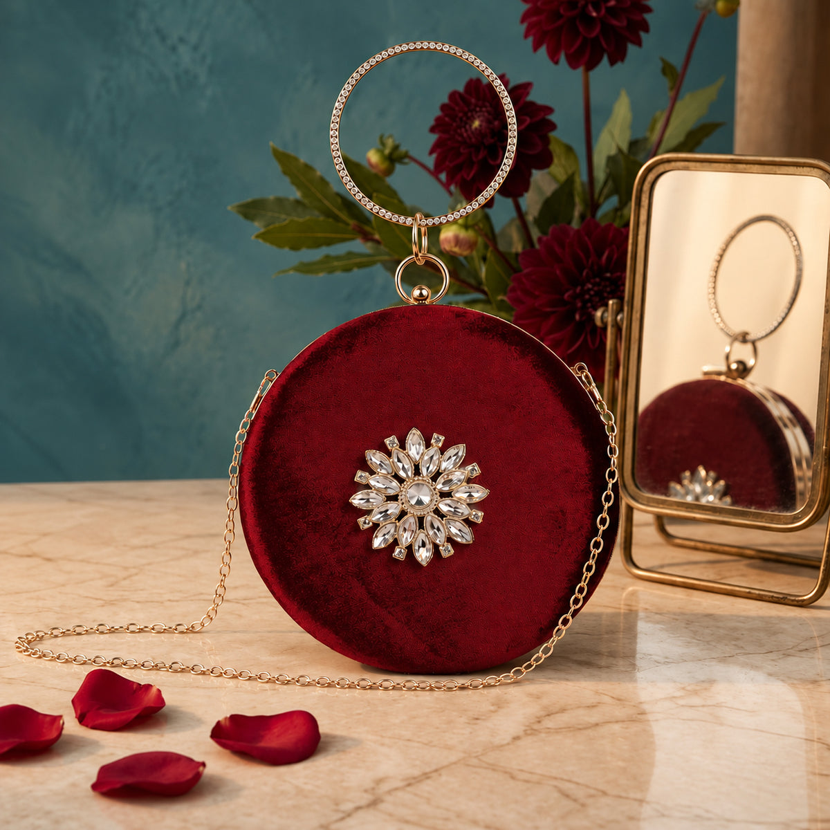 KarryQ Maroon Floral Brooch Velvet Clutch