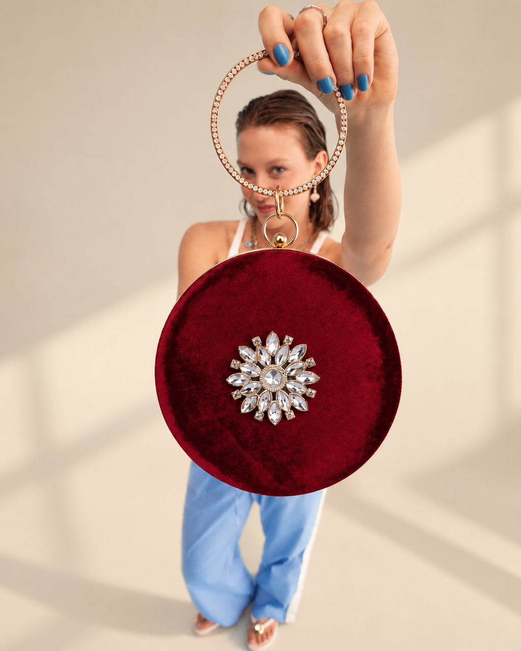 KarryQ Maroon Floral Brooch Velvet Clutch