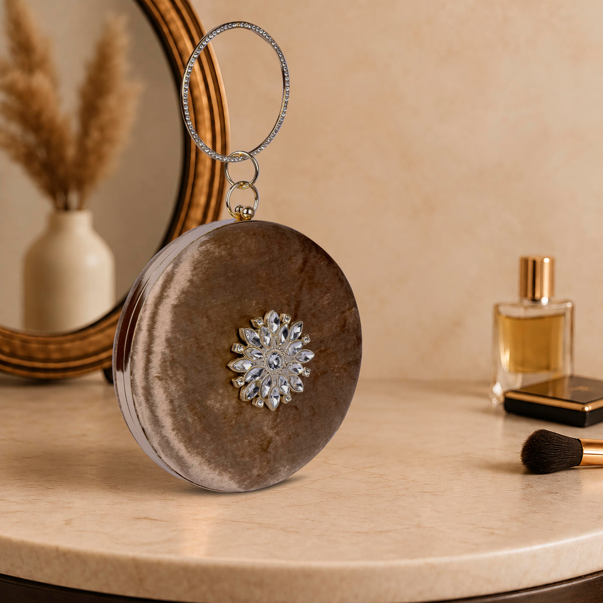 KarryQ Brown Floral Brooch Velvet Clutch
