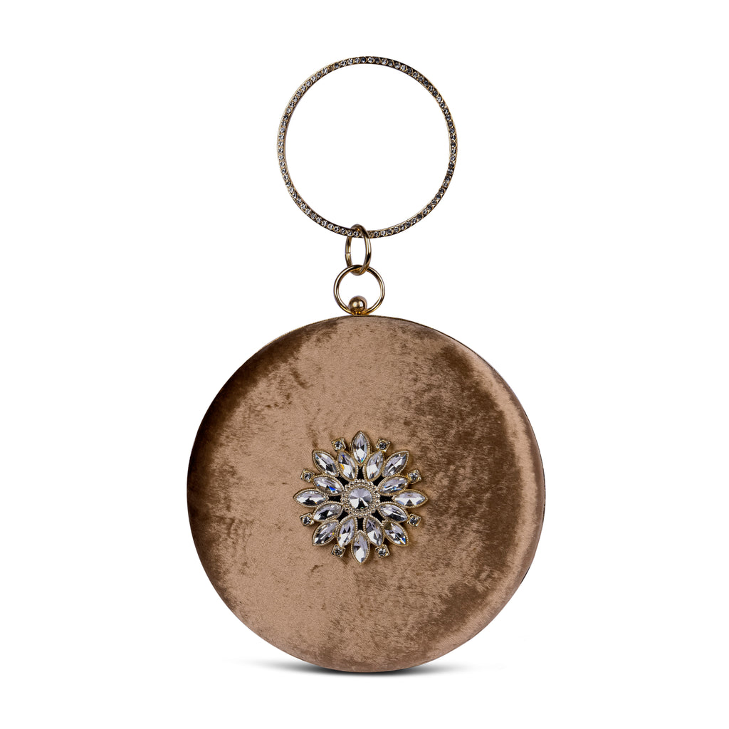 KarryQ Brown Floral Brooch Velvet Clutch