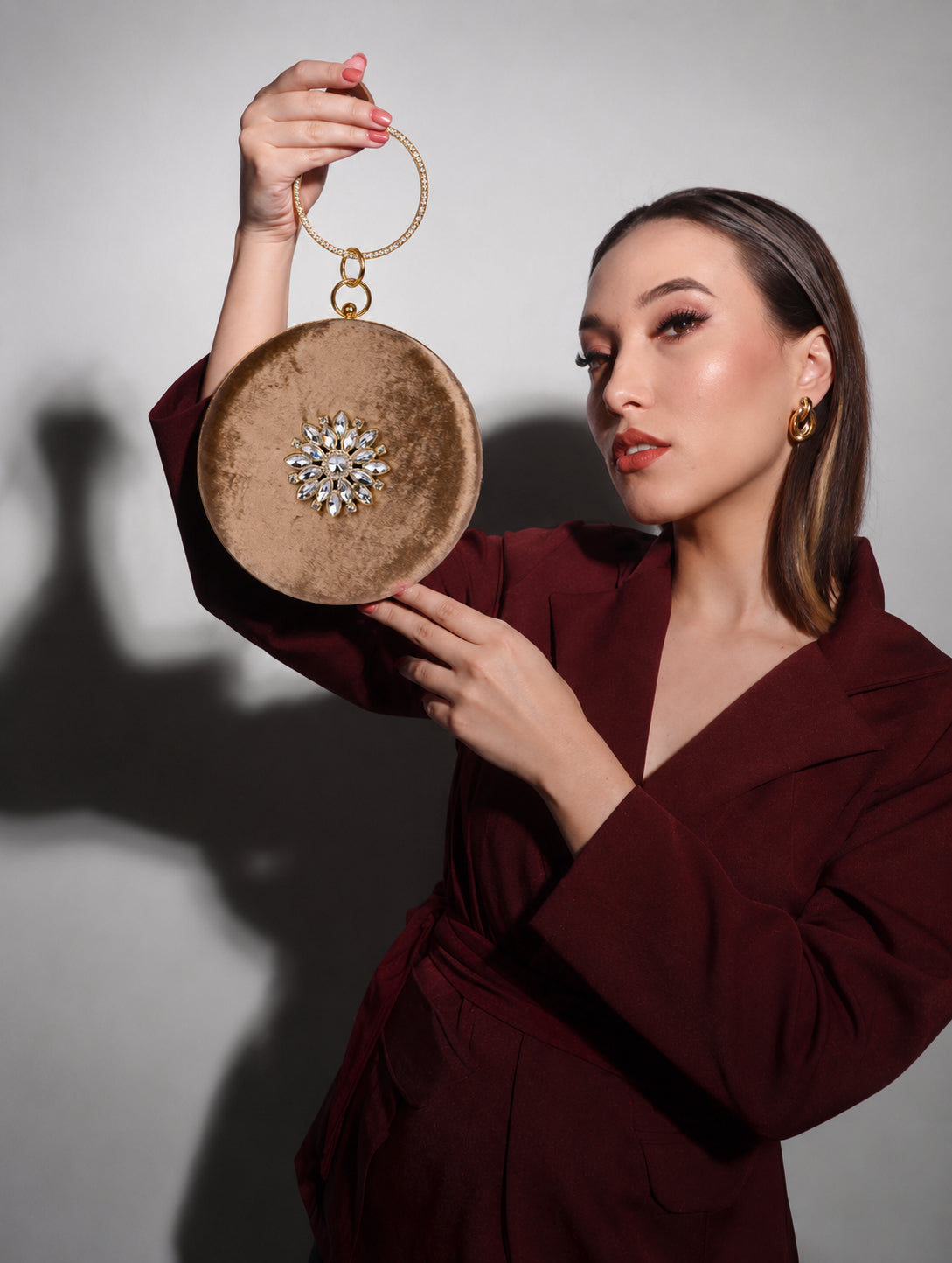 KarryQ Brown Floral Brooch Velvet Clutch