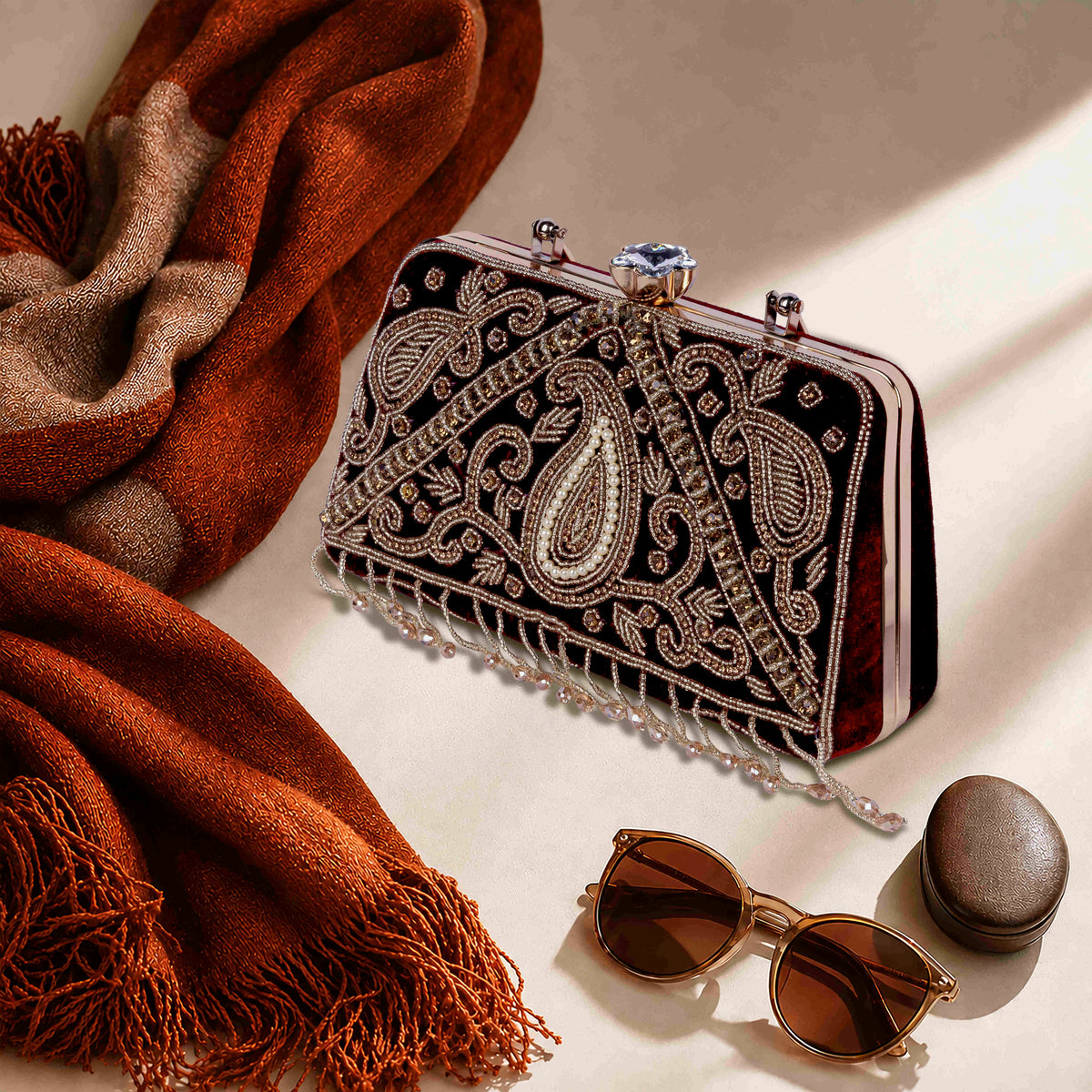 KarryQ Maroon Paisley Velvet Clutch