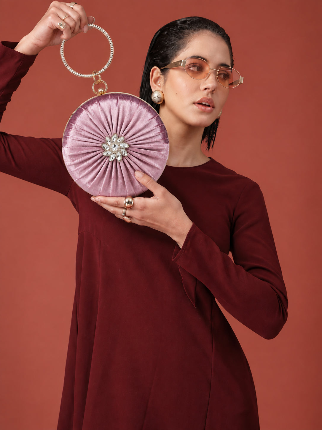 KarryQ Pleated Rosette Velvet Clutch
