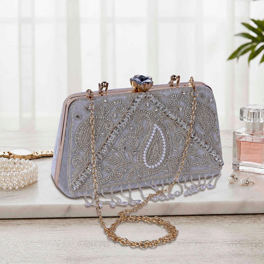 KarryQ Grey Paisley Velvet Clutch
