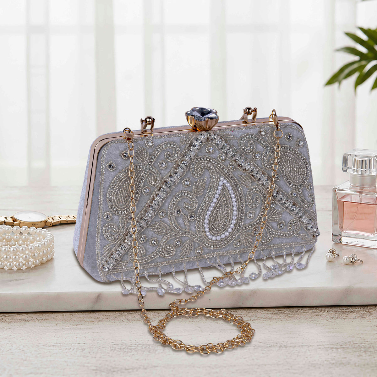 KarryQ Grey Paisley Velvet Clutch