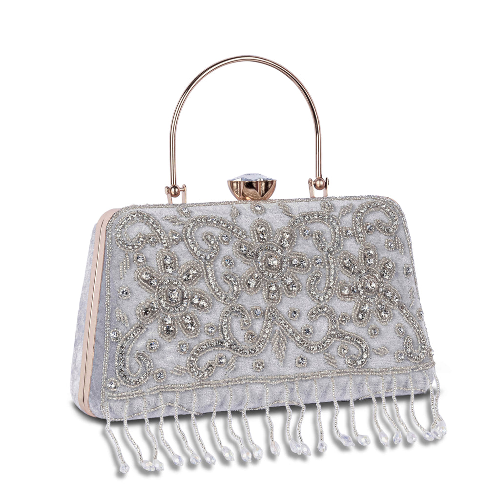 KarryQ Grey Floral Scroll Velvet Clutch