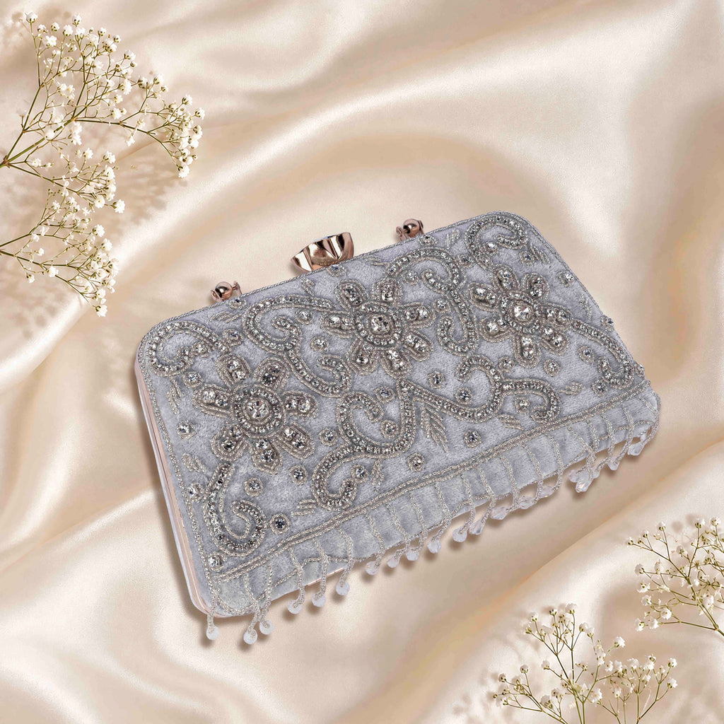 KarryQ Grey Floral Scroll Velvet Clutch