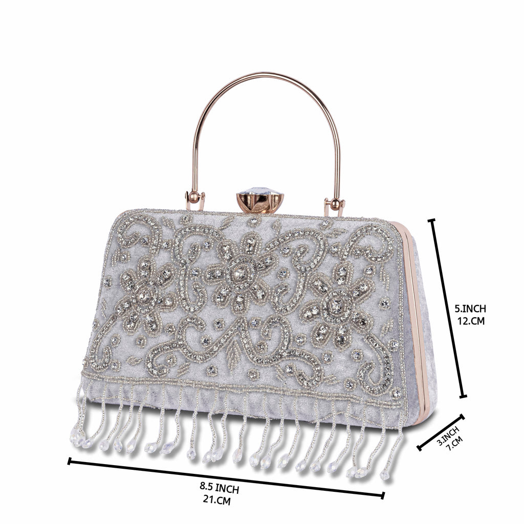 KarryQ Grey Floral Scroll Velvet Clutch