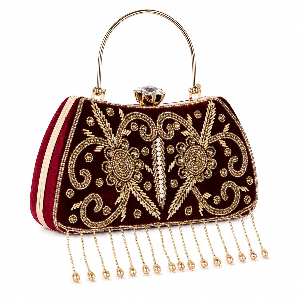 KarryQ Maroon Floral Vine Velvet Clutch