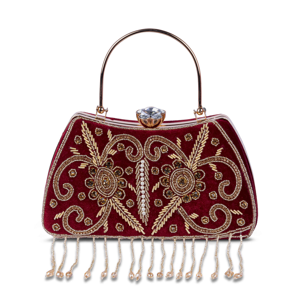KarryQ Maroon Floral Vine Velvet Clutch