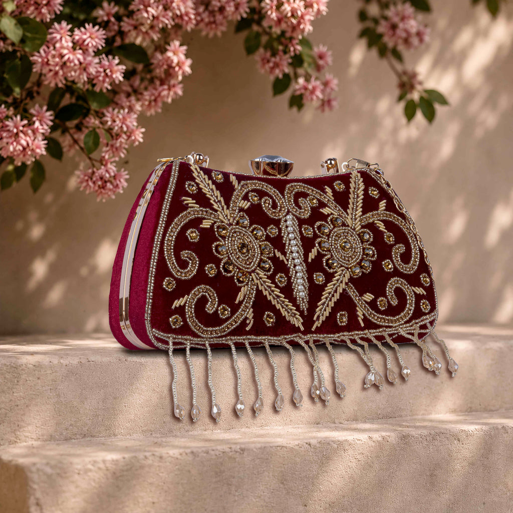 KarryQ Maroon Floral Vine Velvet Clutch