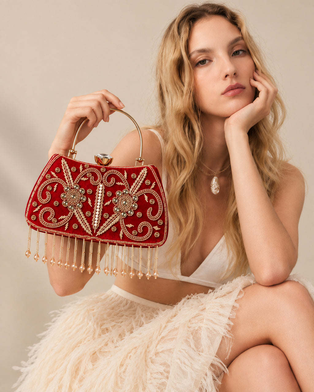 KarryQ Red Floral Vine Velvet Clutch
