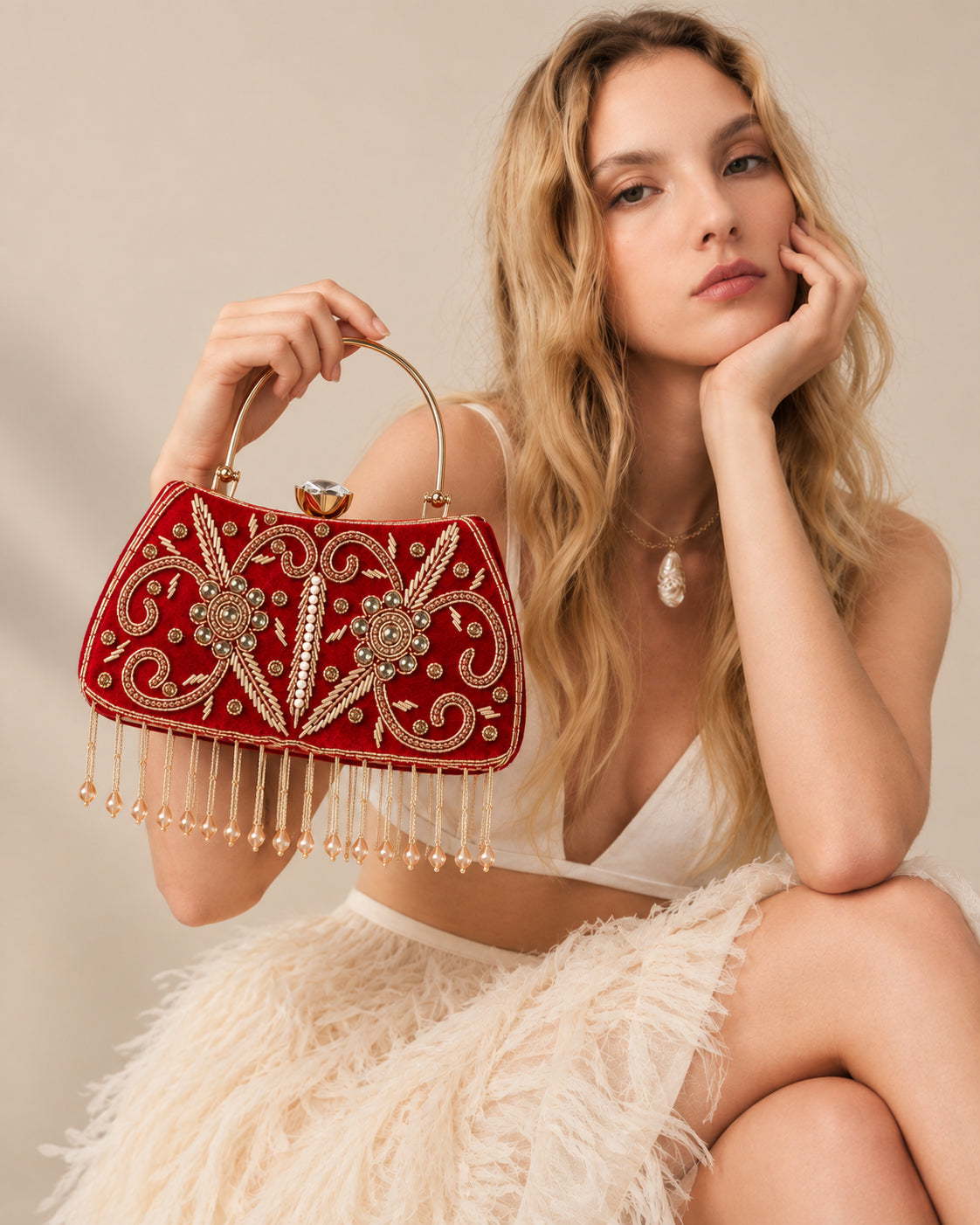 KarryQ Red Floral Vine Velvet Clutch