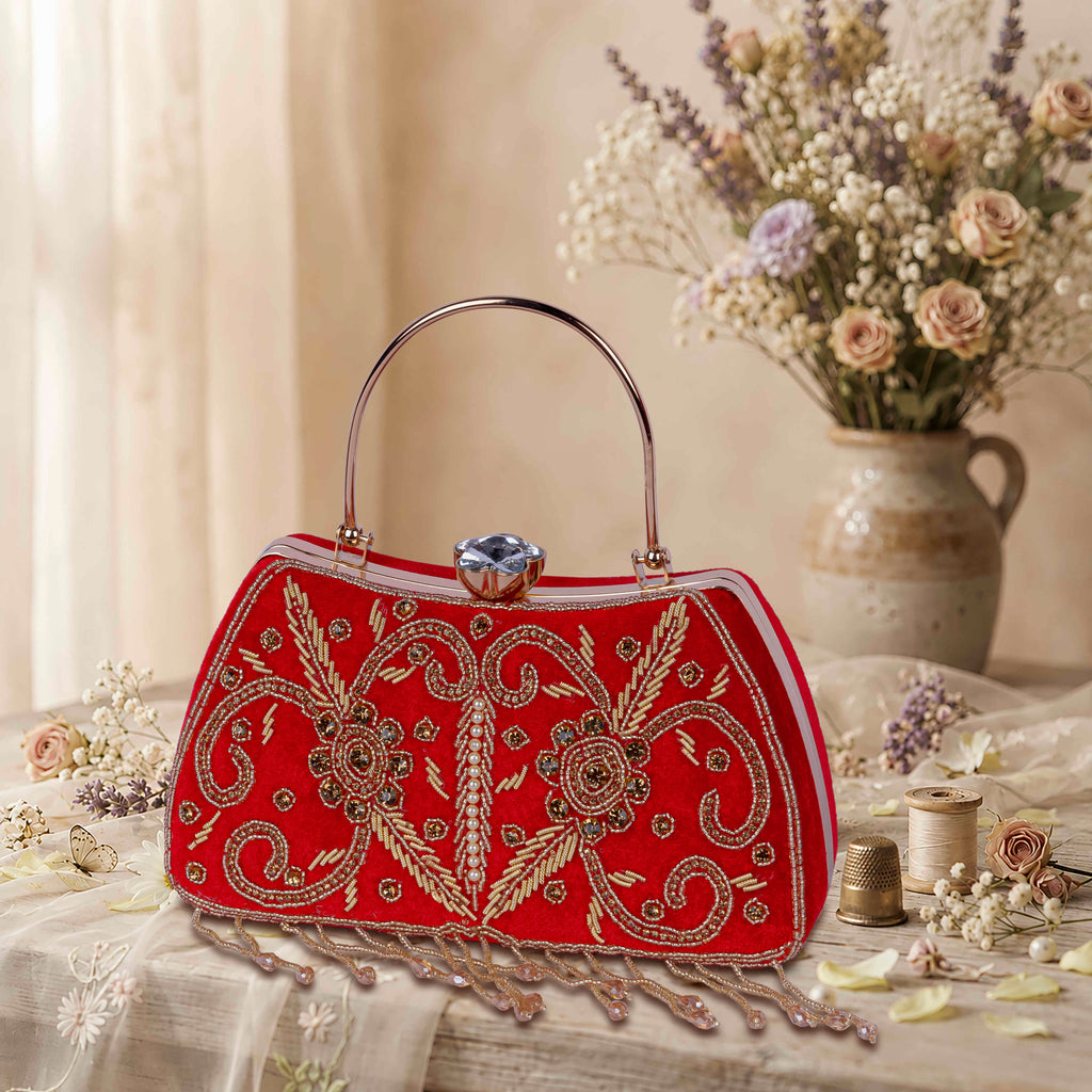 KarryQ Red Floral Vine Velvet Clutch