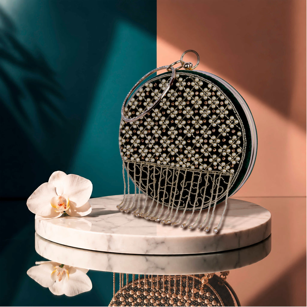 KarryQ Green Lattice Embellished Velvet Clutch