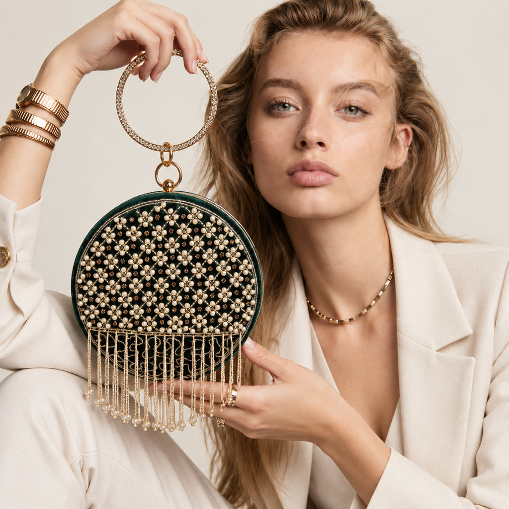 KarryQ Green Lattice Embellished Velvet Clutch