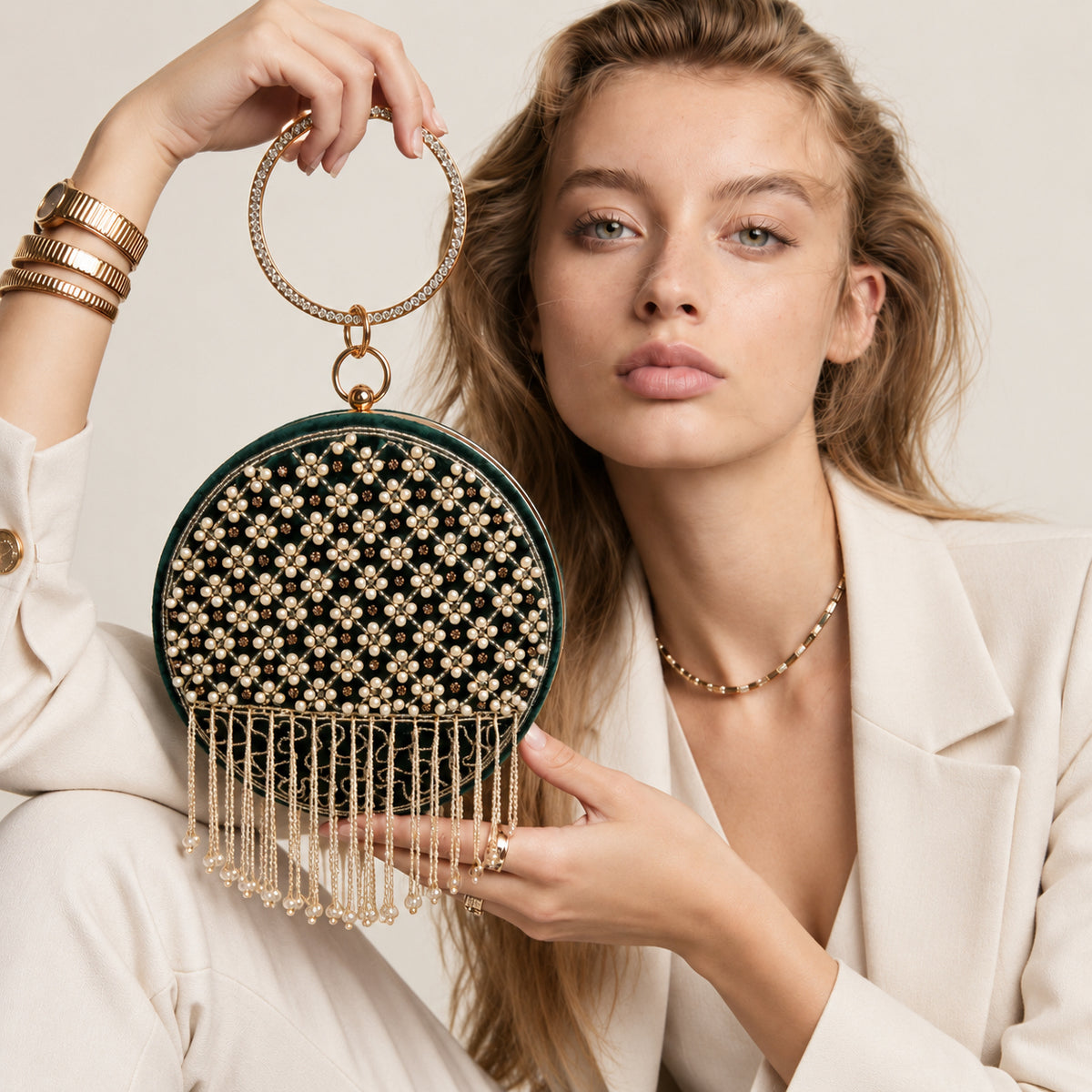 KarryQ Green Lattice Embellished Velvet Clutch
