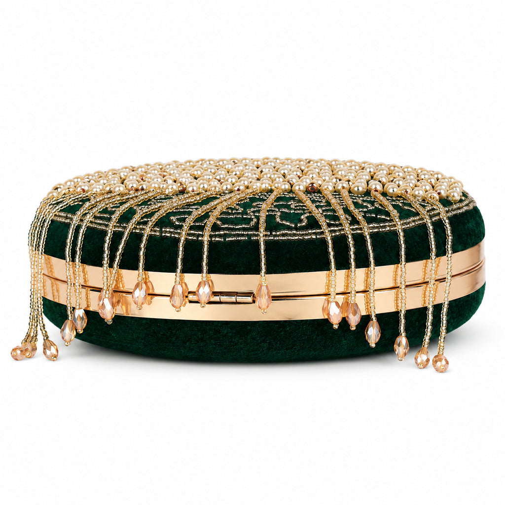 KarryQ Green Lattice Embellished Velvet Clutch