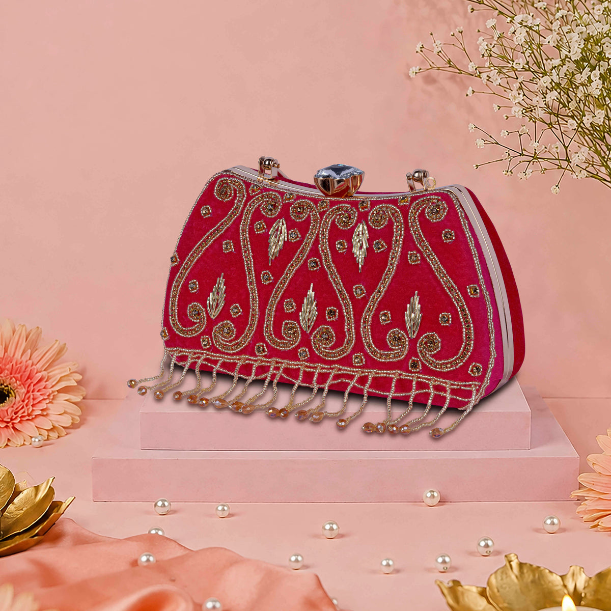 KarryQ Fuchsia Pink Teardrop Embellished Velvet Clutch
