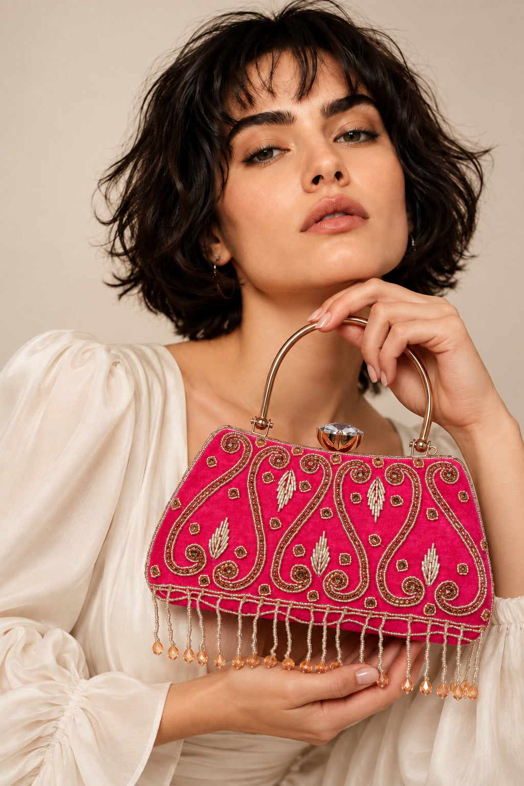 KarryQ Fuchsia Pink Teardrop Embellished Velvet Clutch