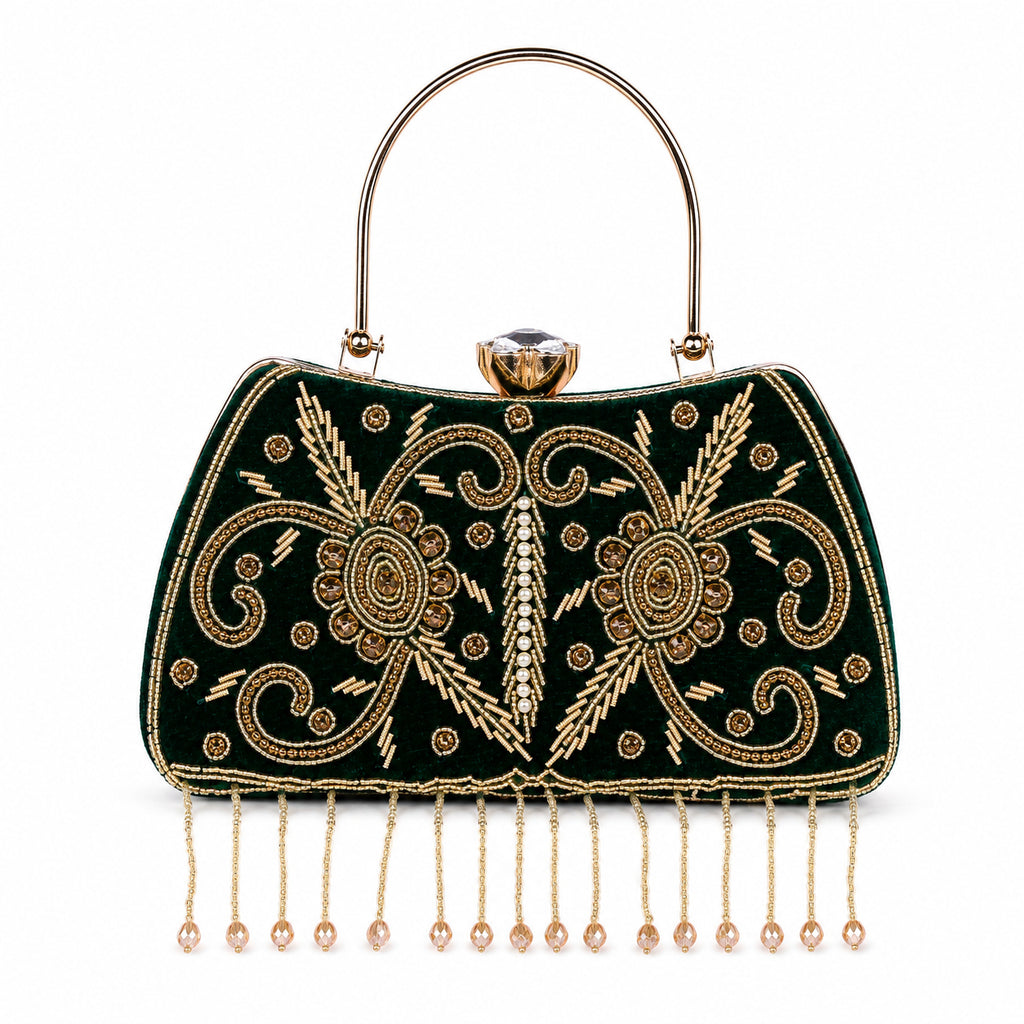 KarryQ Green Floral Vine Velvet Clutch