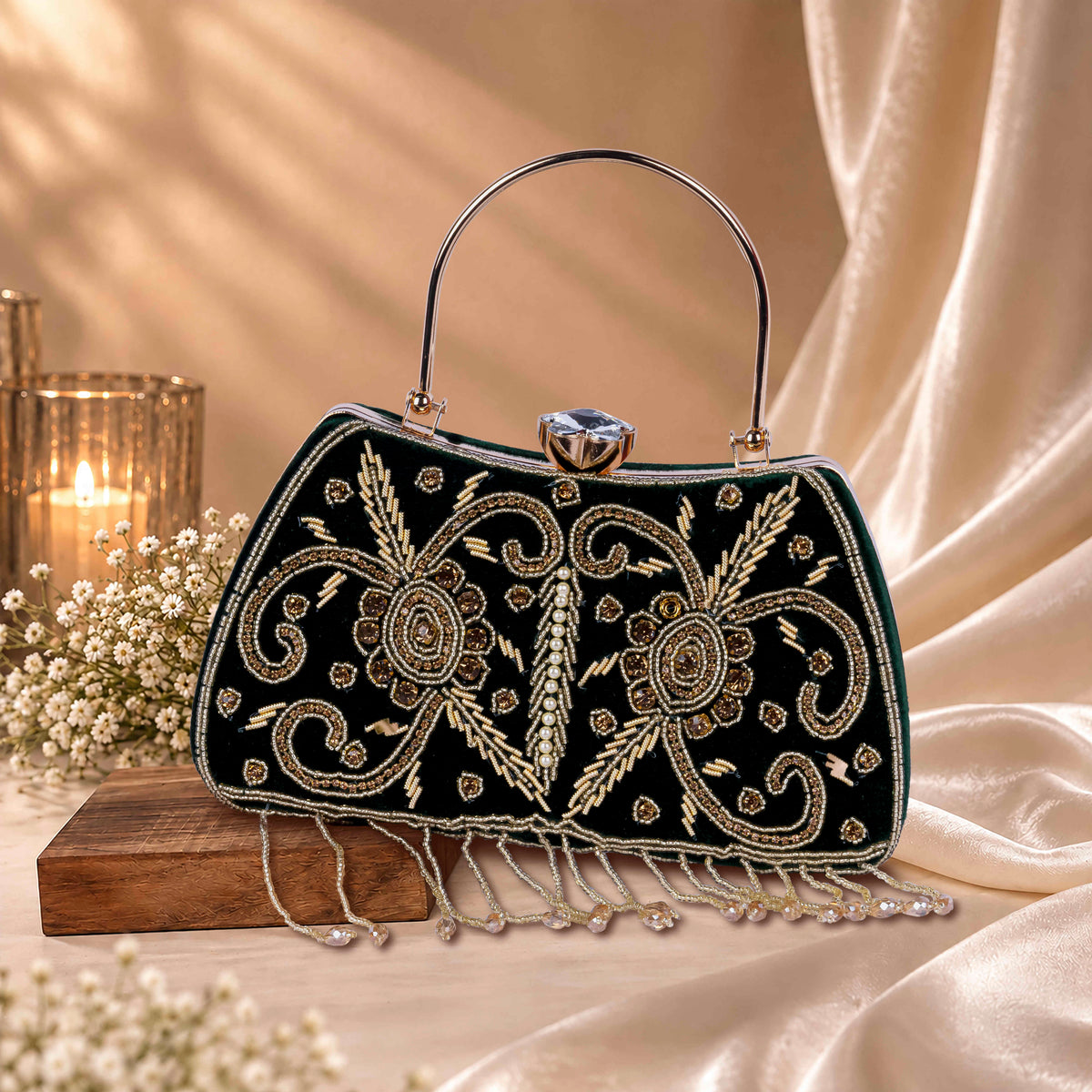 KarryQ Green Floral Vine Velvet Clutch