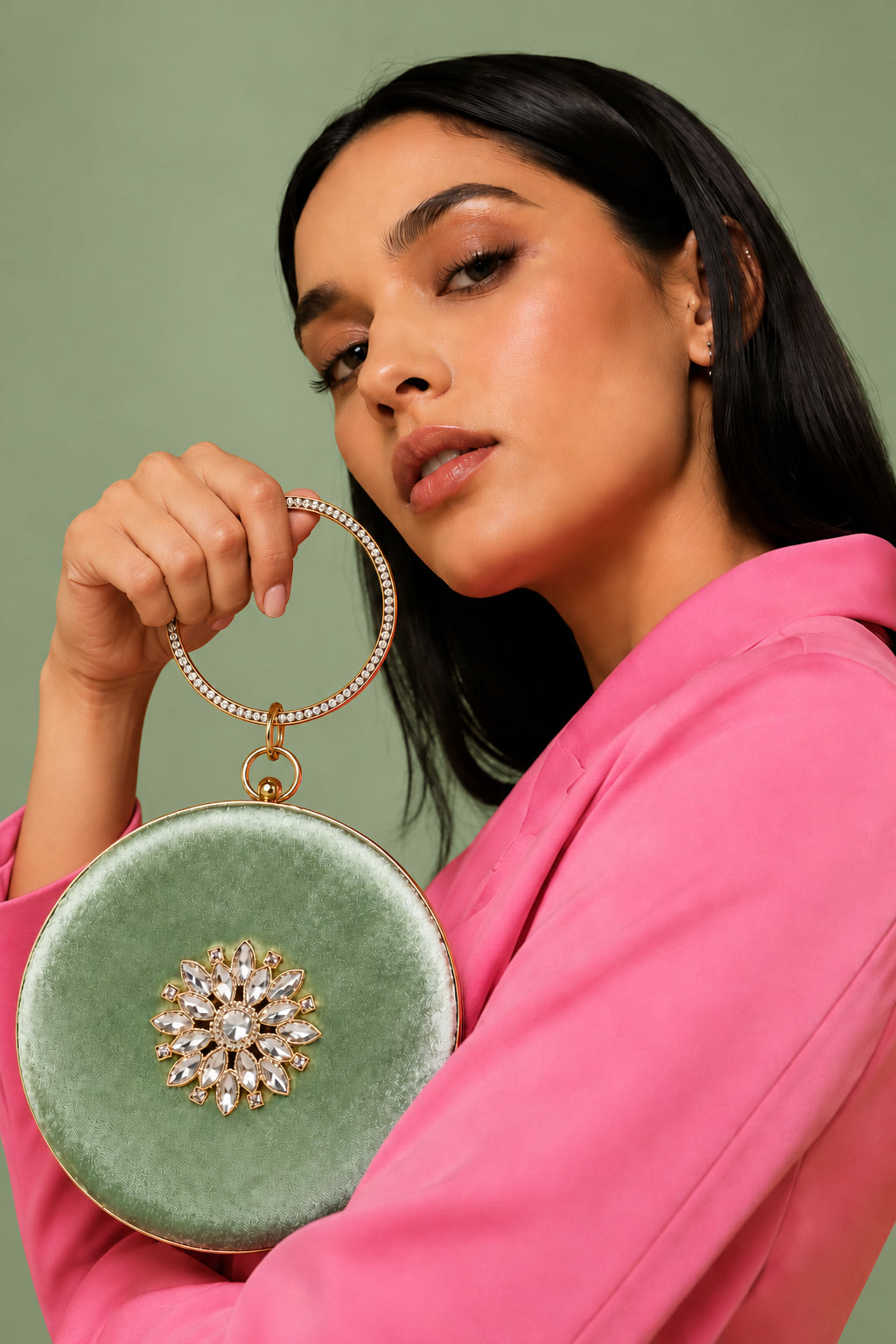 KarryQ Green Floral Brooch Velvet Clutch