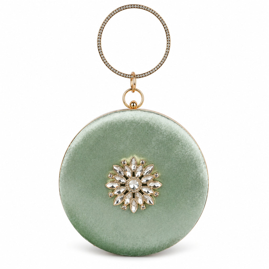KarryQ Green Floral Brooch Velvet Clutch