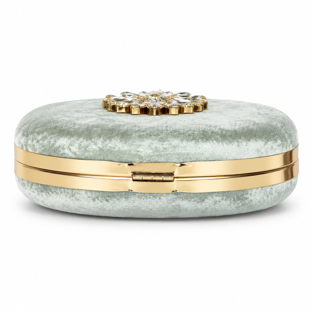 KarryQ Green Floral Brooch Velvet Clutch