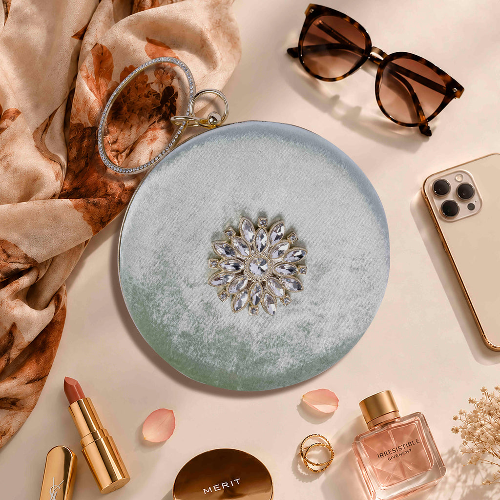 KarryQ Green Floral Brooch Velvet Clutch
