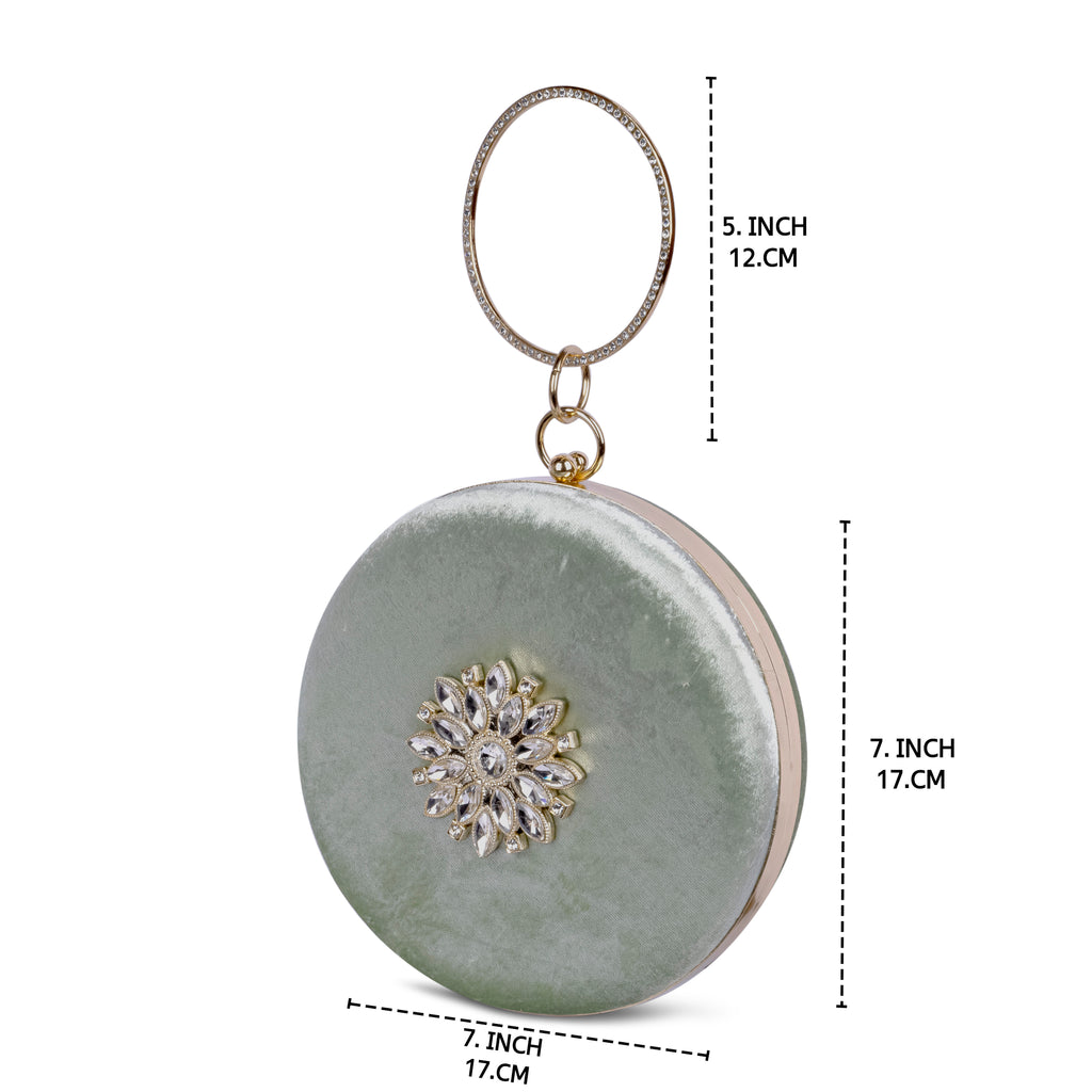 KarryQ Green Floral Brooch Velvet Clutch