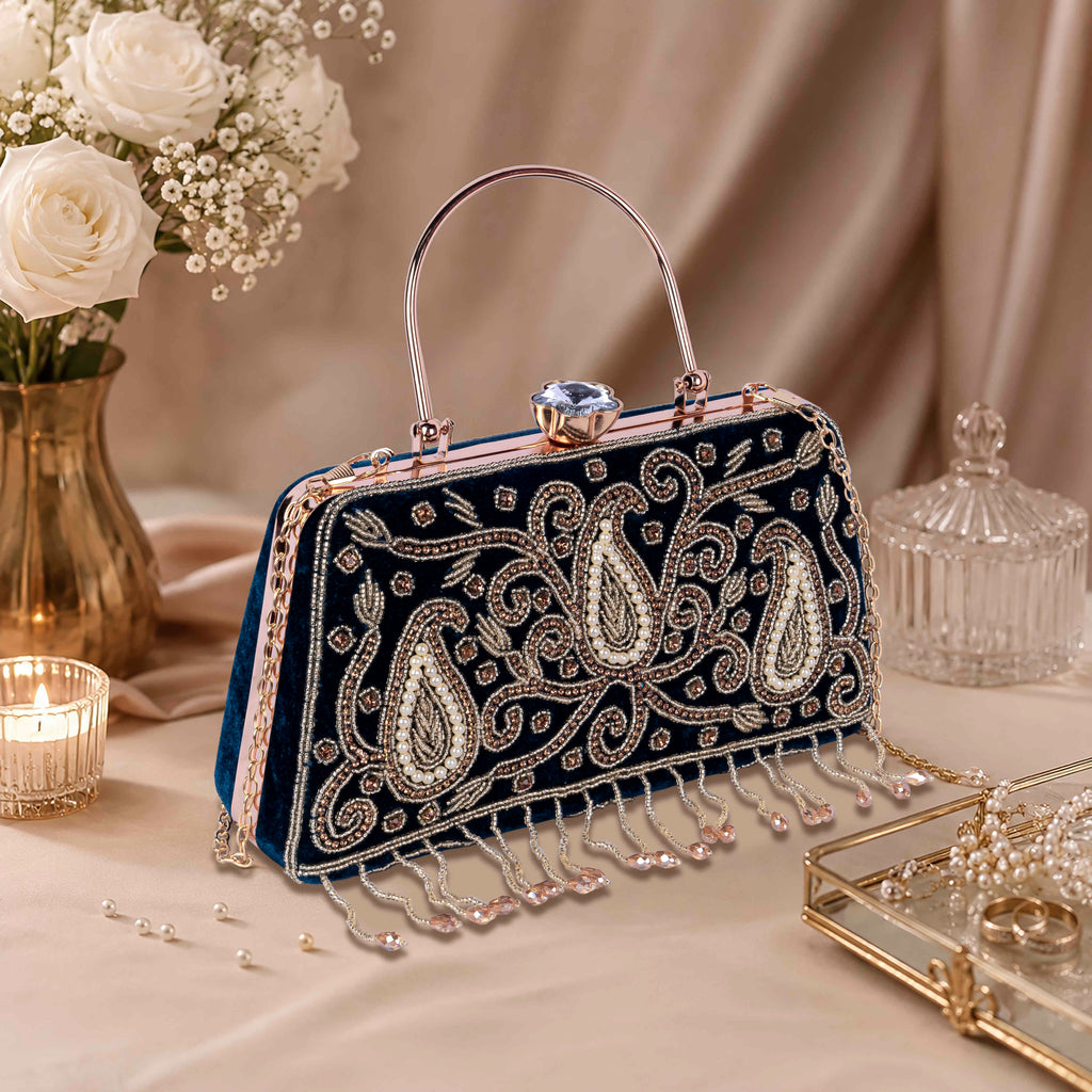 KarryQ Blue Paisley Velvet Clutch