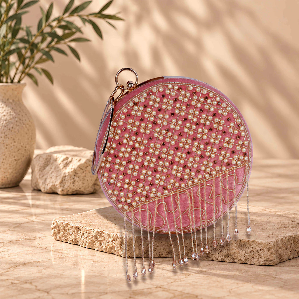 KarryQ Pink Lattice Embellished Velvet Clutch
