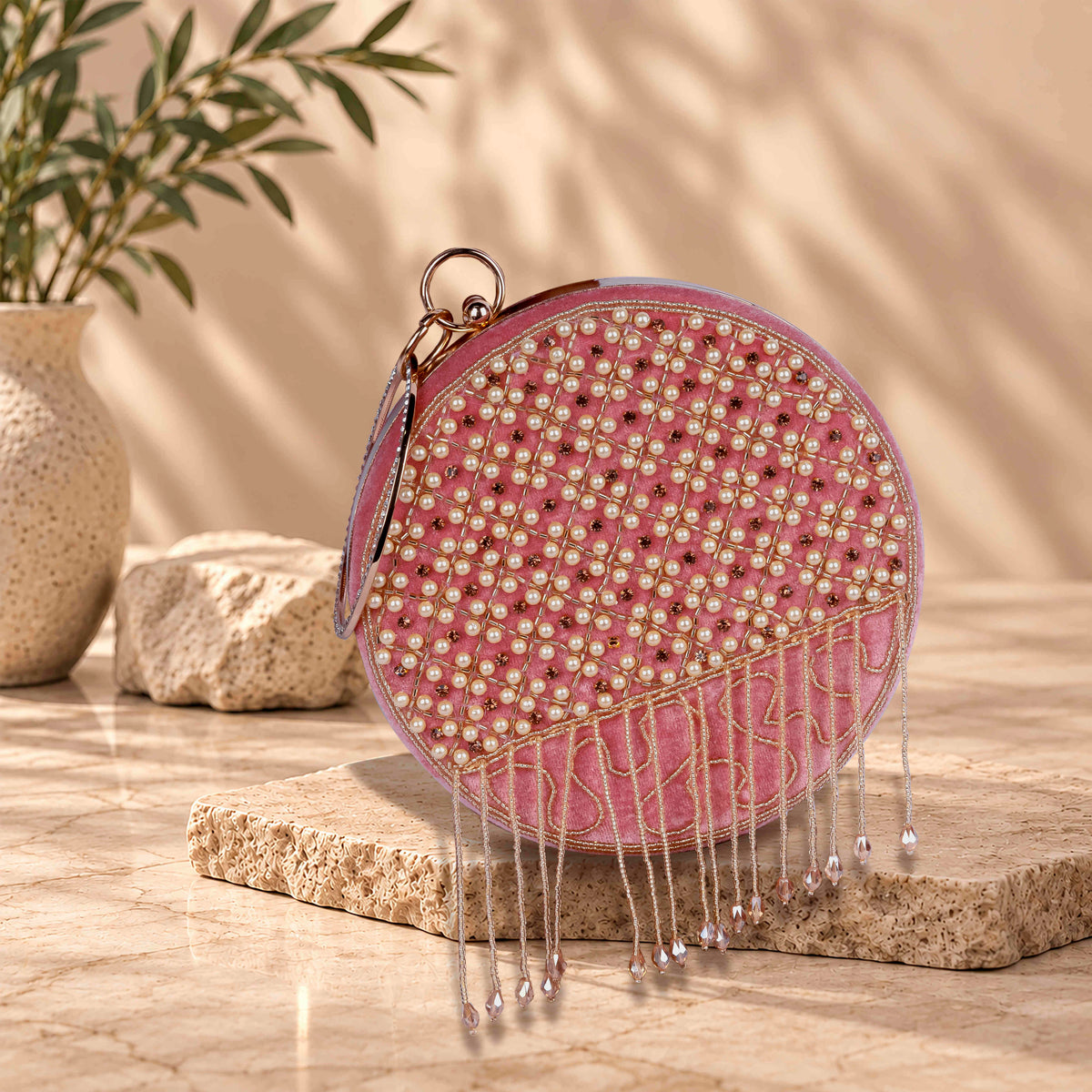 KarryQ Pink Lattice Embellished Velvet Clutch
