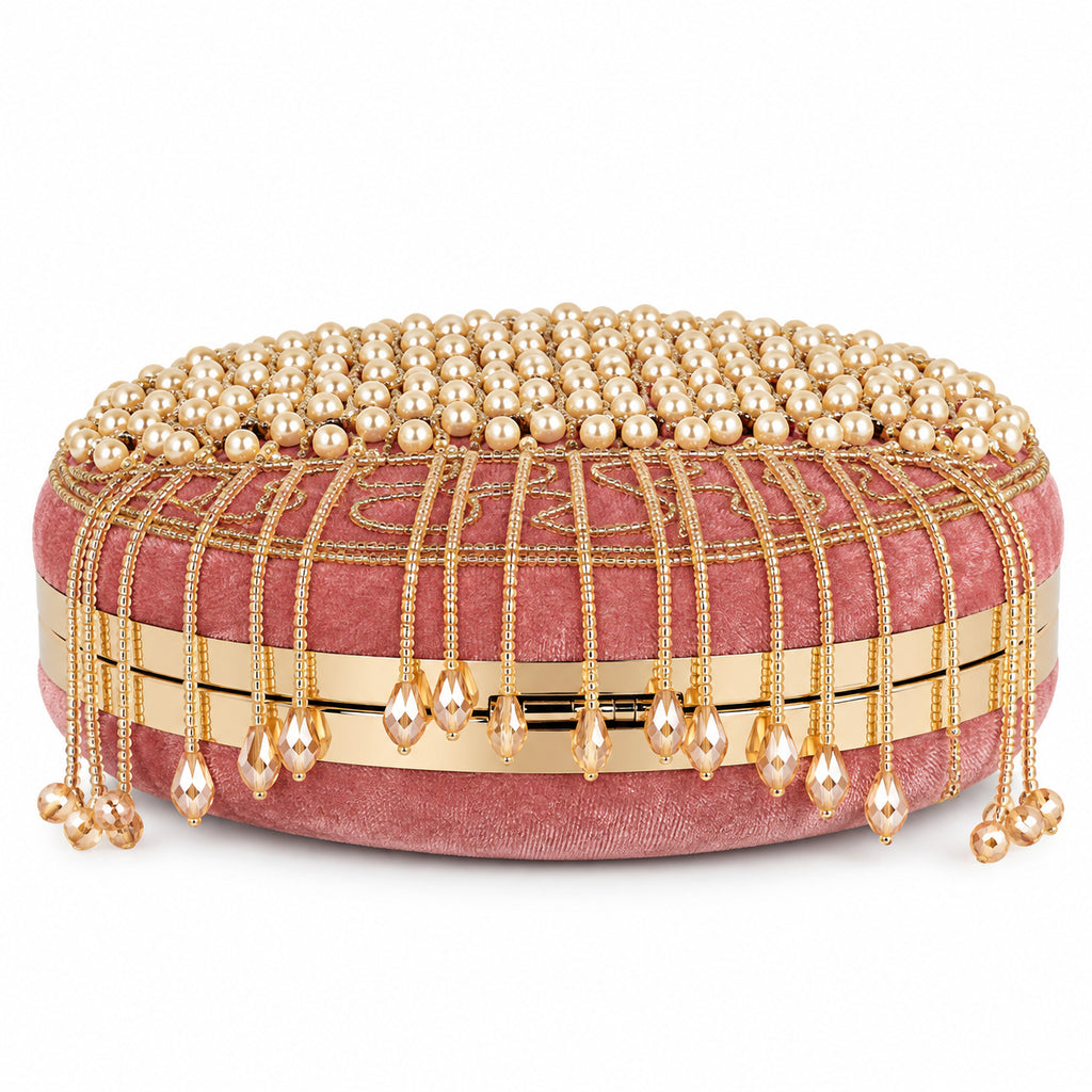KarryQ Pink Lattice Embellished Velvet Clutch