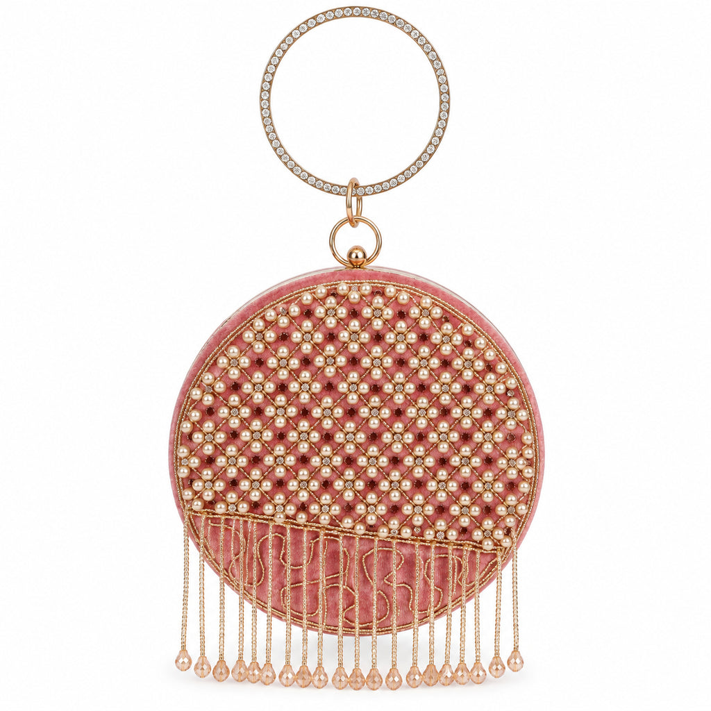 KarryQ Pink Lattice Embellished Velvet Clutch