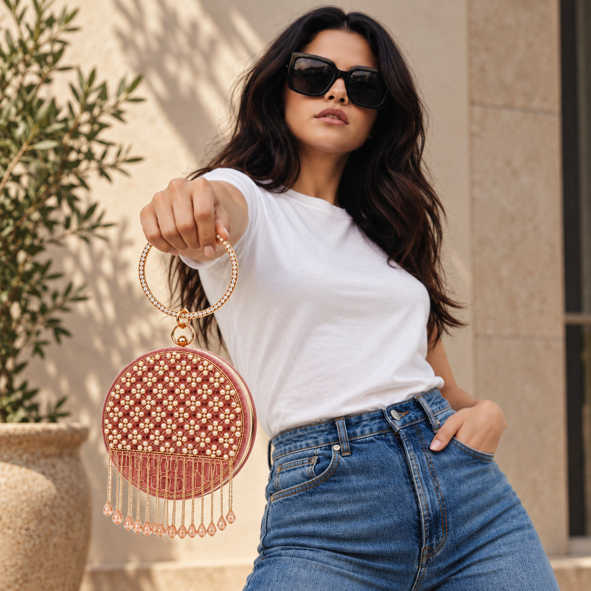 KarryQ Pink Lattice Embellished Velvet Clutch