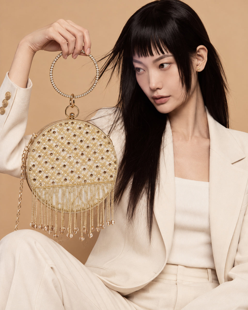 KarryQ White Lattice Embellished Velvet Clutch