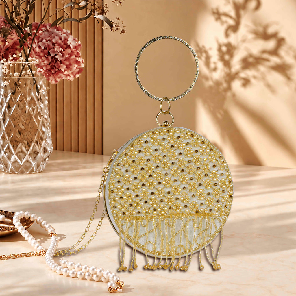 KarryQ White Lattice Embellished Velvet Clutch