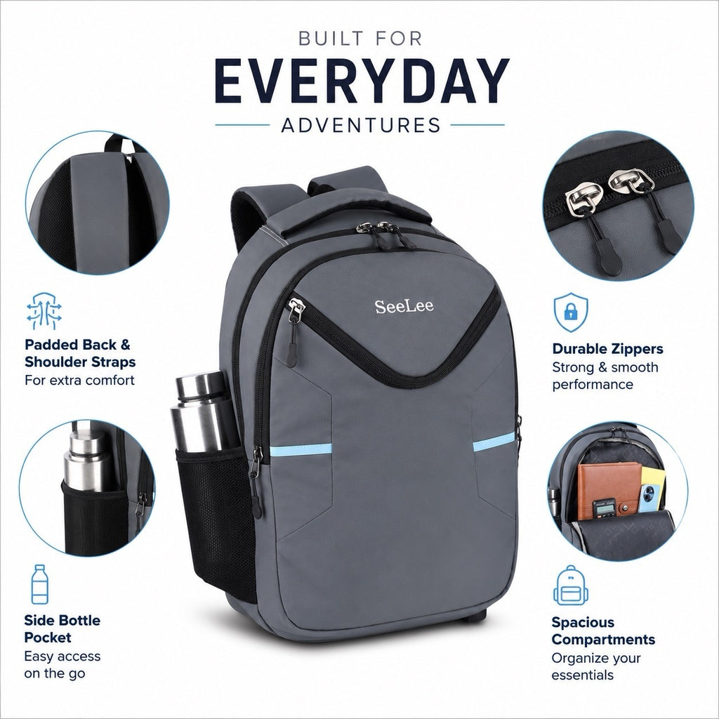SeeNLee Unisex Laptop Backpack with Multiple Compartments, Bottle Pocket & Padded Shoulder Straps | Spacious School, College, Office & Travel Backpack – Grey