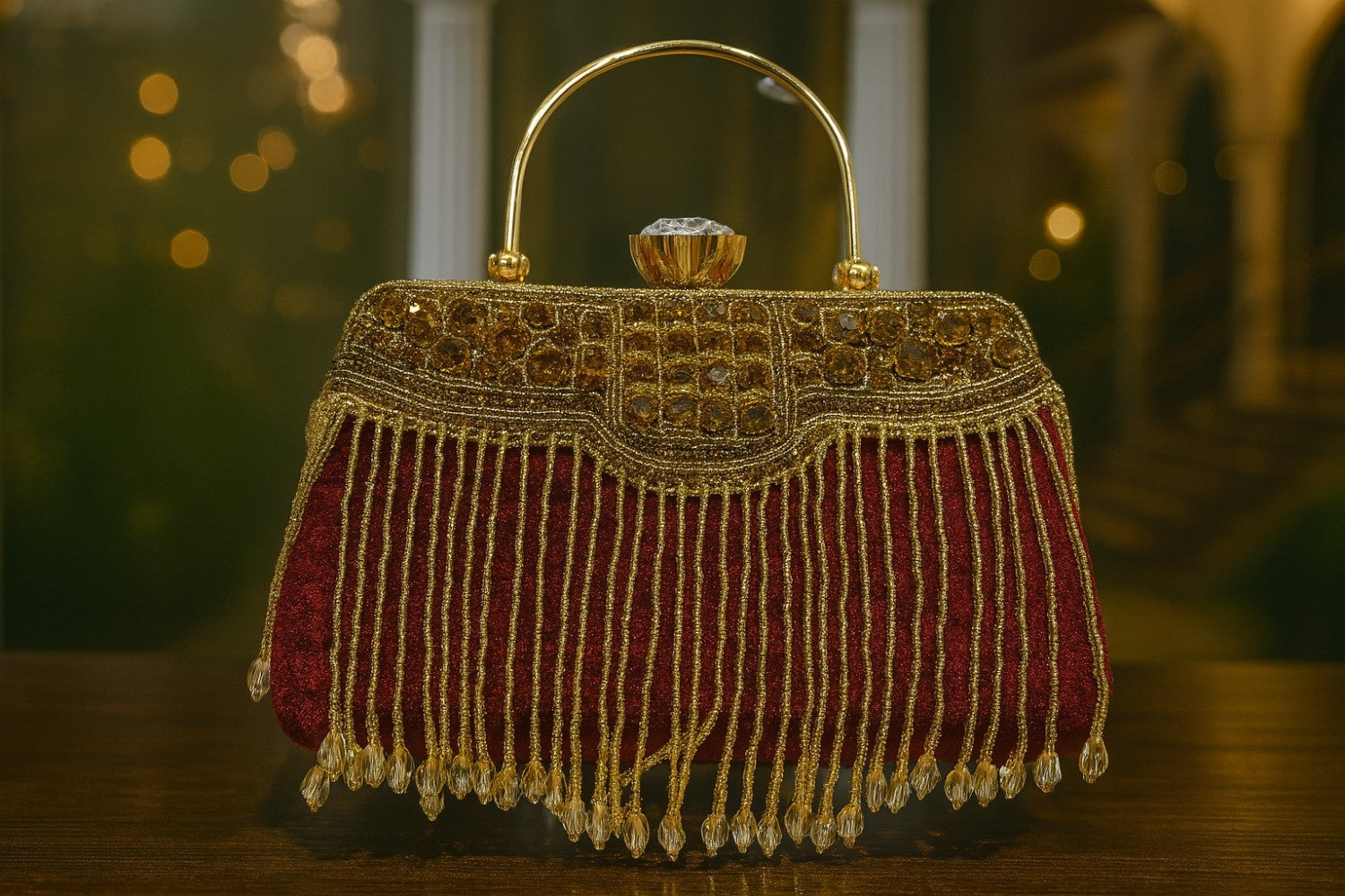 KarryQ Royal Ruby Red Embellished Fringe Clutch for Women | Premium Ethnic Wedding, Festive & Party Handbag