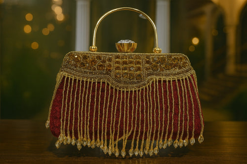 KarryQ Royal Ruby Red Embellished Fringe Clutch for Women | Premium Ethnic Wedding, Festive & Party Handbag