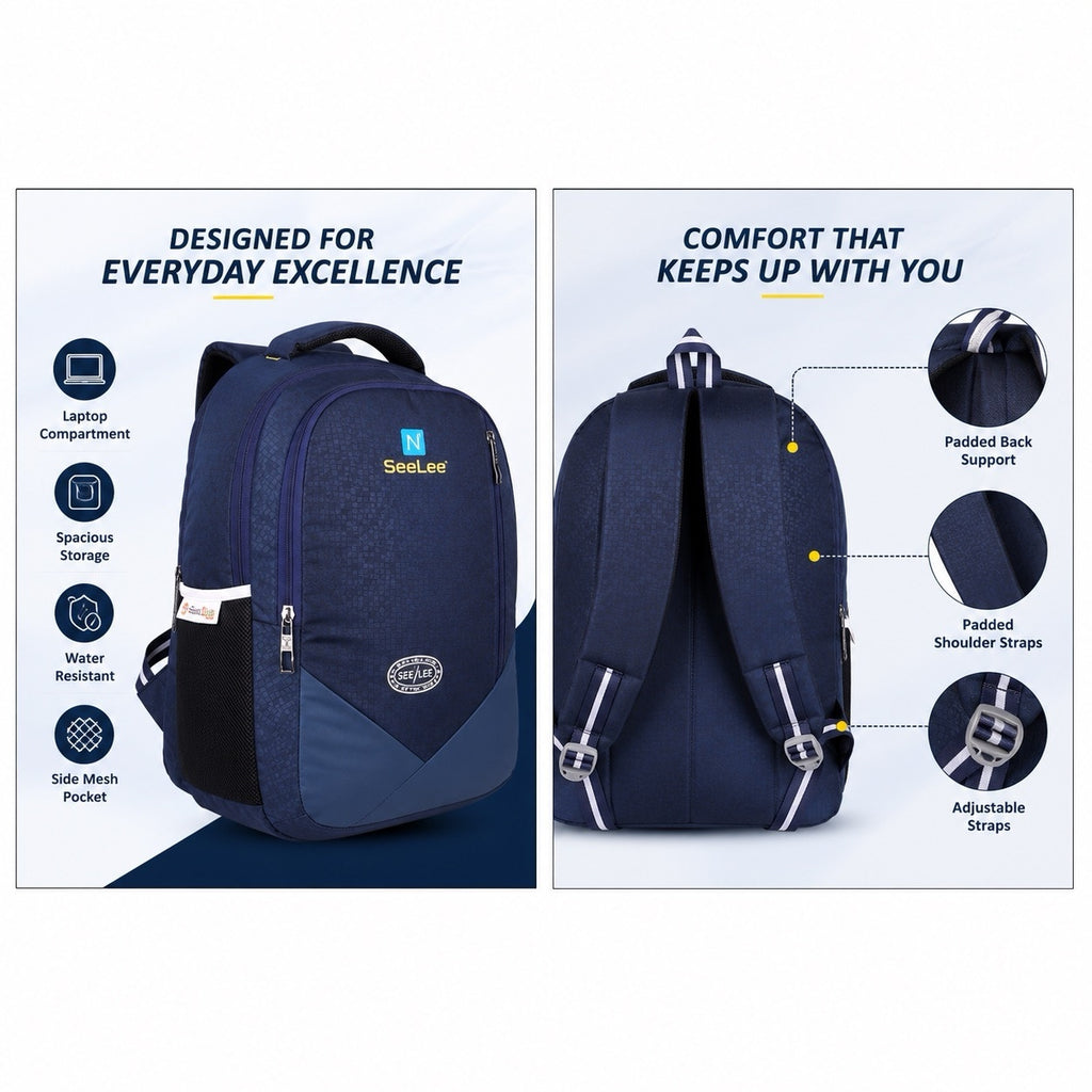 SeeNLee Unisex Laptop Backpack with Multiple Compartments, Bottle Pocket & Padded Shoulder Straps | Spacious School, College, Office & Travel Backpack