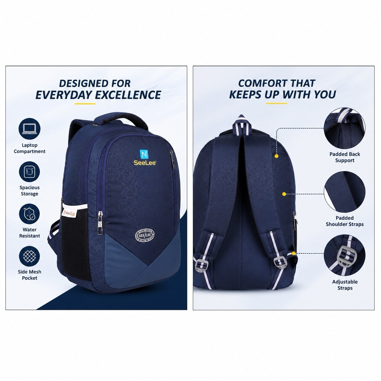 SeeNLee Unisex Laptop Backpack with Multiple Compartments, Bottle Pocket & Padded Shoulder Straps | Spacious School, College, Office & Travel Backpack
